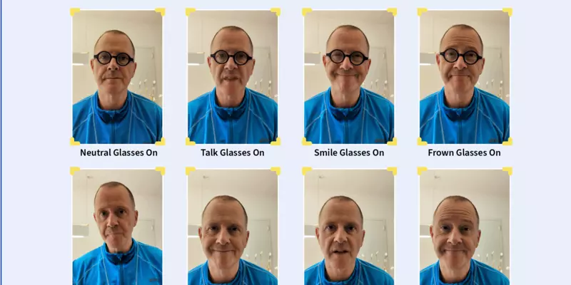 Eight images show the same person, four wearing glasses and four without, and all with different face expressions. Label says: Database Facial Expressions.