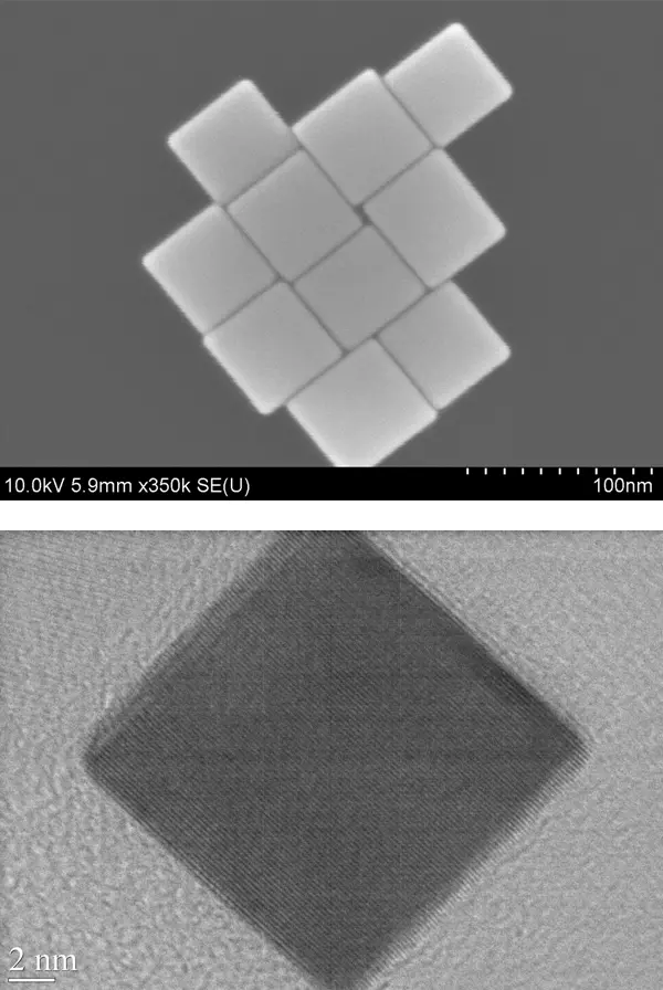 These electron microscope images show perfect-edged nanocubes produced in a one-step process created at NIST that allows careful control of the cubes’ size, shape and composition.