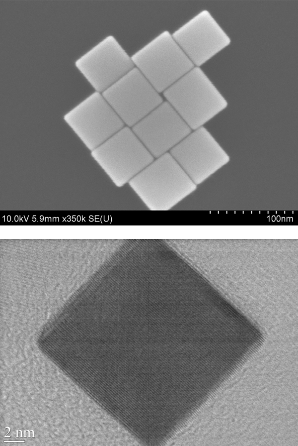 These electron microscope images show perfect-edged nanocubes produced in a one-step process created at NIST that allows careful control of the cubes’ size, shape and composition.
