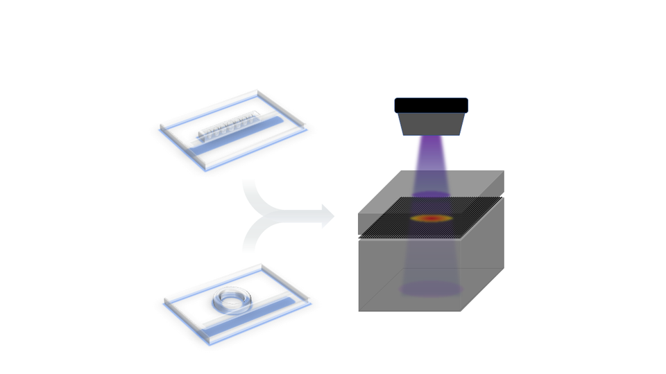 Diagram with two square sensors at left and black box with hole on top at right.