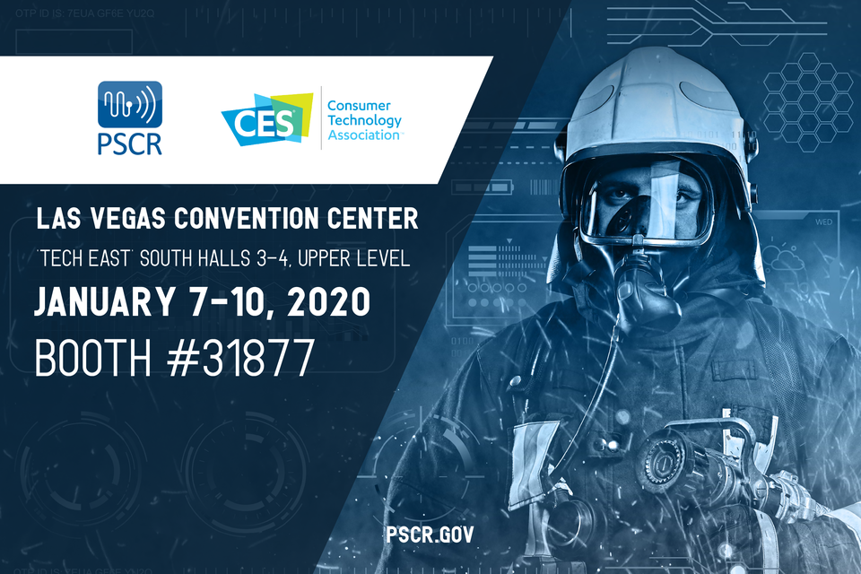 This image shows a firefighter with a blue overlay with the PSCR and CES logo with the text: