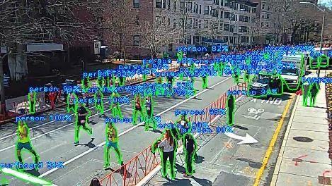 This image shows people running on a road with a technology overlay showing video object detection.