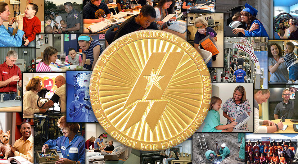 Malcolm Baldrige National Quality Award medallion with Award recipients photos in background.