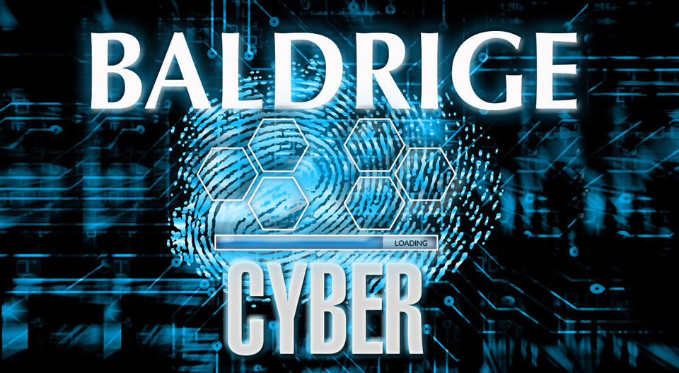 Baldrige Cybersecurity Initiative Cover Photo Photo of Cyber thumb print with loading sign and Baldrige Framework in background.