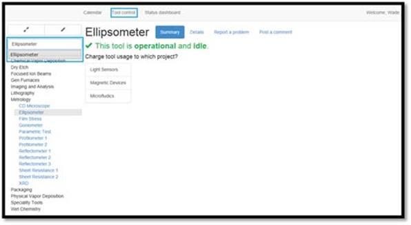 Figure 20: Accessing the Ellipsometer tool from the “Search for a tool” text box field.