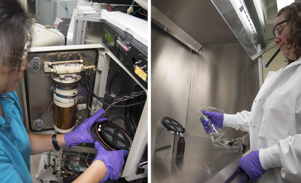 Li-Piin Sung places a commercially available polymer with silicon dioxide nanoparticles into a chamber of the NIST SPHERE. Deborah Jacobs applies “NIST simulated rain” to the weathered sample to collect any shed nanoparticles in the runoff.