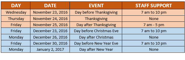 NanoFab Schedule for Winter Holidays - 2016