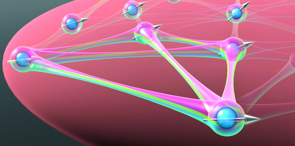 Artist's conception of interactions among atoms in JILA's strontium atomic clock during a quantum simulation experiment. 