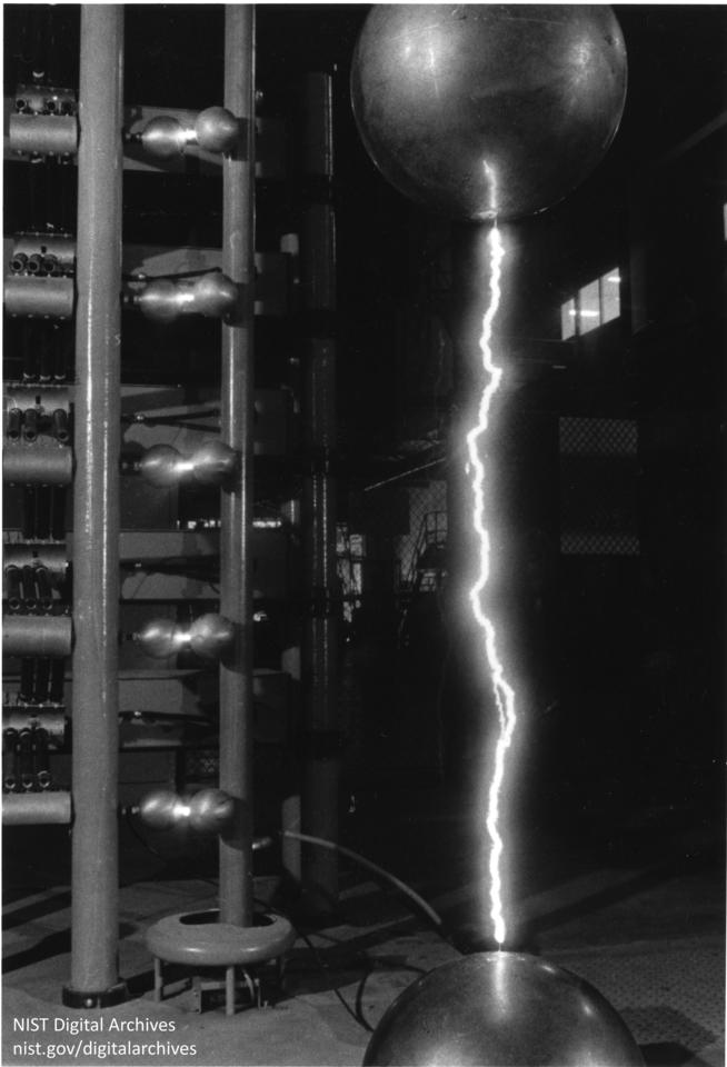 A 300,000-volt simulated lightning bolt produced in NIST’s high-voltage measurement laboratory in 1984.