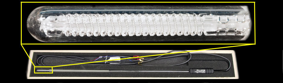 Detail of a high-end PRT shows platinum wire spirals in the probe tip. Detail of a high-end PRT shows platinum wire spirals in the probe tip.