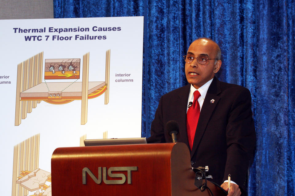 Dr. Shyam Sunder, NIST lead investigator, answers questions at a news briefing on August 21, 2008, about NIST's three-year study of the collapse of World Trade Center 7.