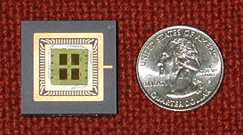 The glass microchip on the left measures 3 centimeters across—slightly more than the diameter of a quarter on the right—and is divided into four nanosoccer playing fields.