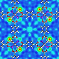 A neutron-scattering image reveals where hydrogen molecules (red-green, concentric circles) connect to a zinc-based "scaffold" under development as a promising hydrogen storage material. 