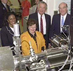 Officials are briefed about new nanotechnology research at the National Institute of Standards and Technology after the ceremonial groundbreaking for the Advanced Measurement Laboratory.