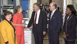 From left to right: Senator Barbara Mikulski, NIST Physics Laboratory Director Katharine Gebbie, Senator Paul Sarbanes, Secretary of Commerce William M. Daley, Under Secretary of Commerce for Technology Dr. Cheryl L. Shavers.