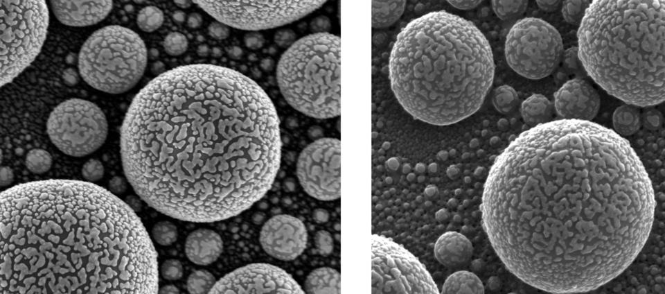 A comparison of gold atoms looked at in an SEM and a helium ion microscope