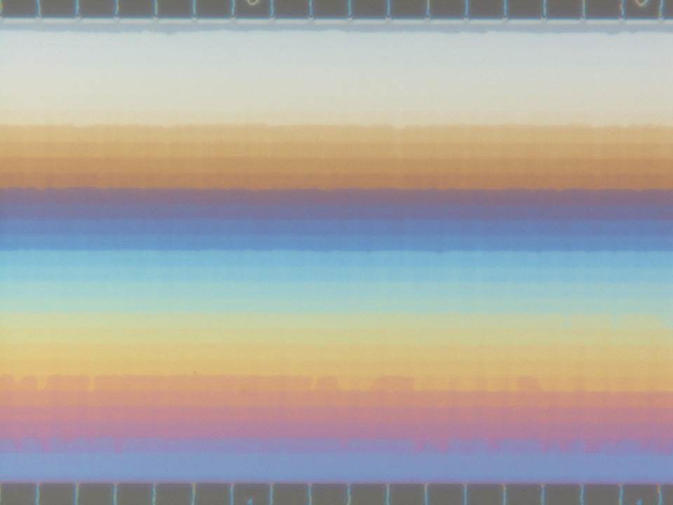 Overhead view of the NIST-Cornell 3-D nanofluidic device showing the different depth levels within the chamber as horizontal bands. 