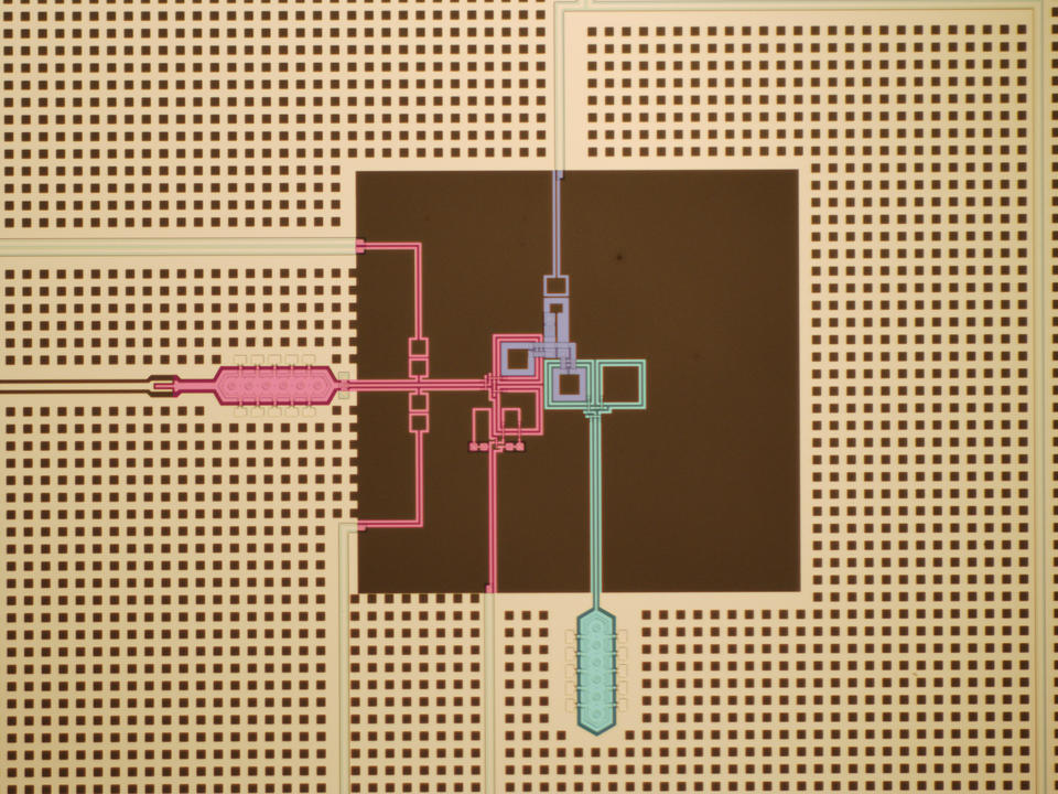 Colorized micrograph of superconducting circuit 