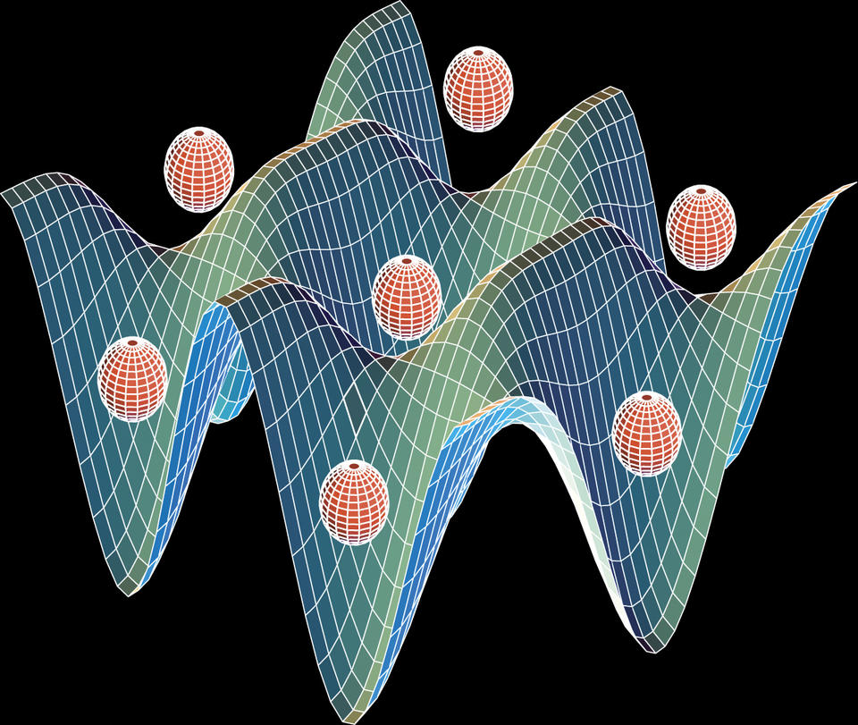 This illustration shows how neutral atom qubits can be trapped in an optical lattice made of intersecting laser beams.