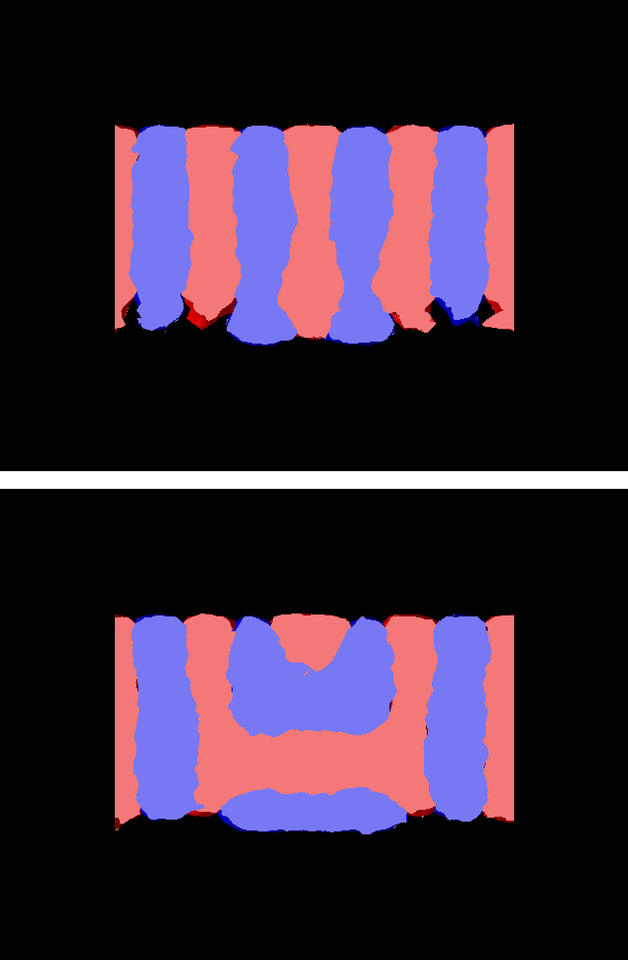 Computer simulations of two possible morphologies of a block copolymer film
