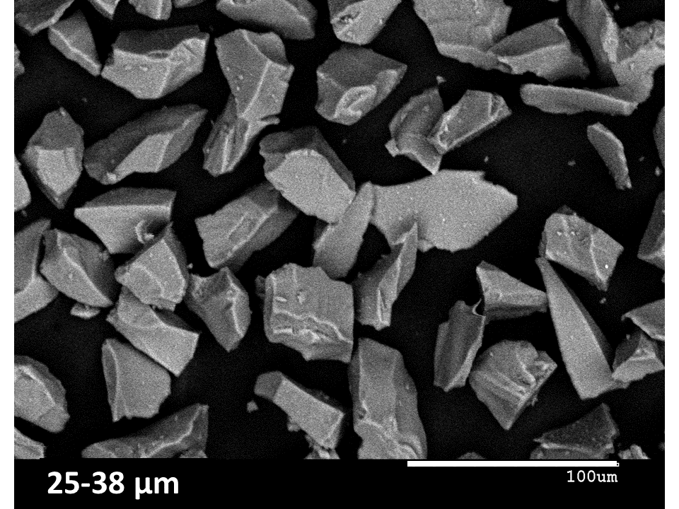 Scanning electron micrograph of crushed waste glass particles