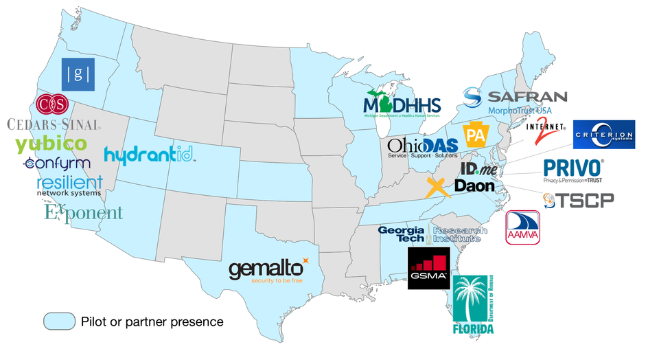 U.S. map of NSTIC pilot and partner locations