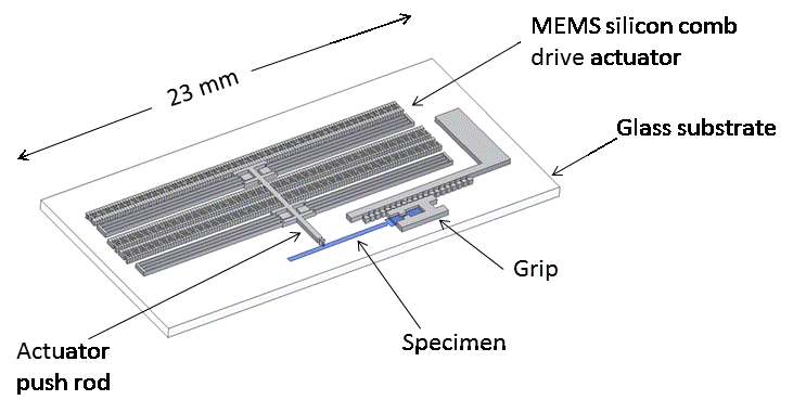 Schematic of MEMS fatigue test instrument with a specimen inserted.