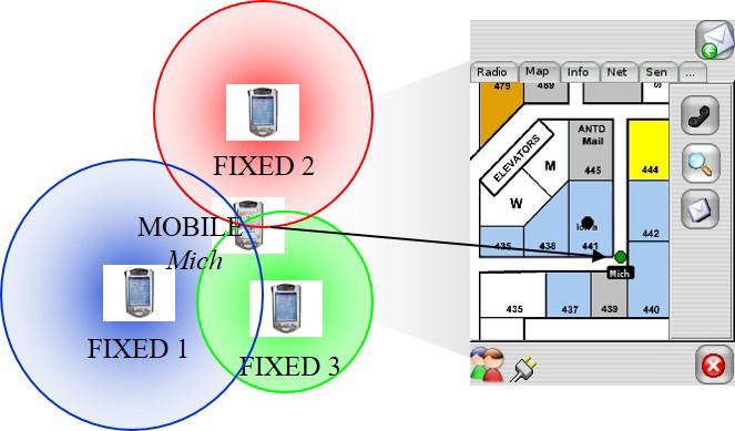 illustration with 3 mobile devices in circles pointing to a room location