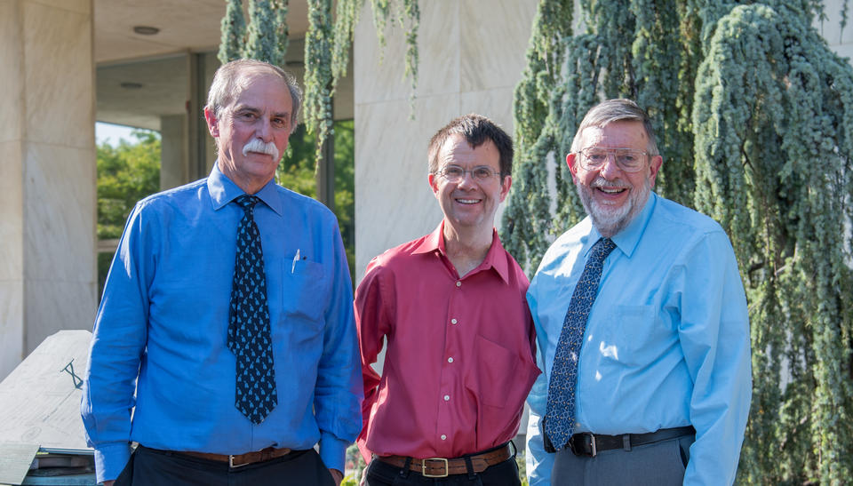 Nobel Laureates Dave Wineland, Eric Cornell and Bill Phillips on the NIST campus in Gaithersburg