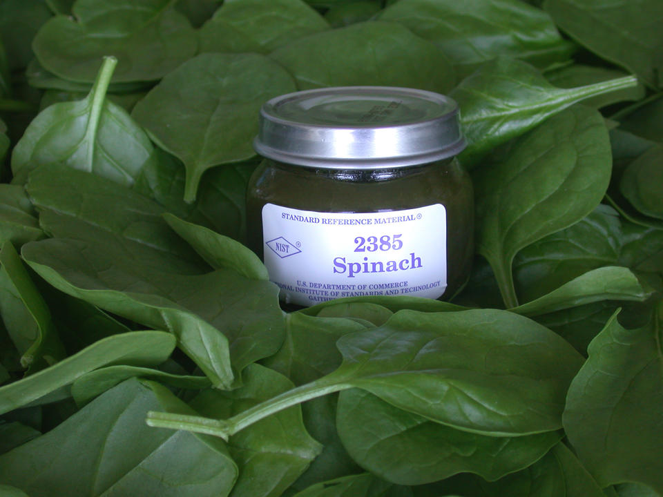 photo of NIST SRM 2385, spinach, on background of spinach leaves