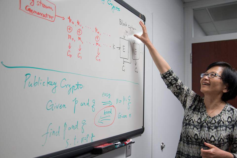 Mathematician Lily Chen standing in front of a white board covered in equations