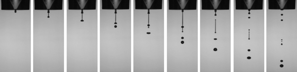 ▲ A sequence of images showing a reproducible burst of droplets emerging from a piezoelectric dispensing device. Ejection is normally tuned to be a single, simple droplet, but this illustrates our ability to reliably generate complex droplet patterns.