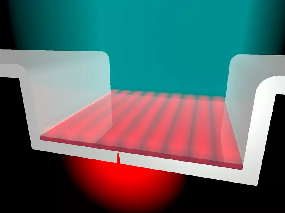 Cavity coating in flat red layer below blue-green light beam
