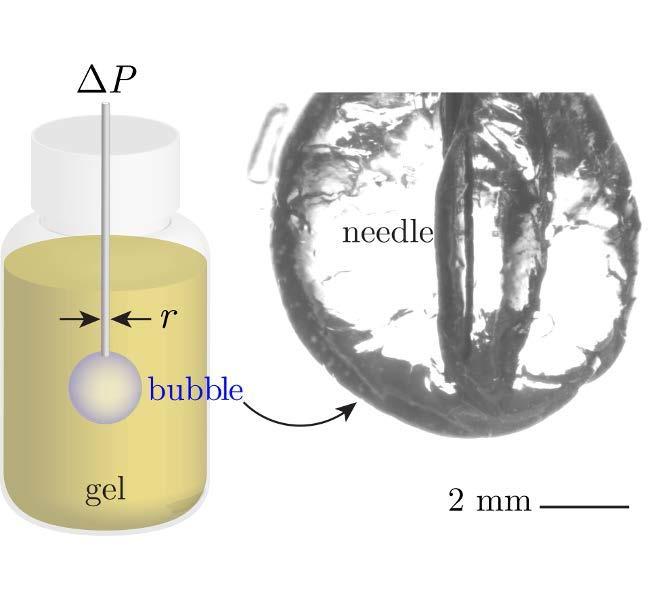 CW of a gel. Left image is a schematic of forming a bubble inside the gel. Right image shows actual bubble formation in a gelatin gel.