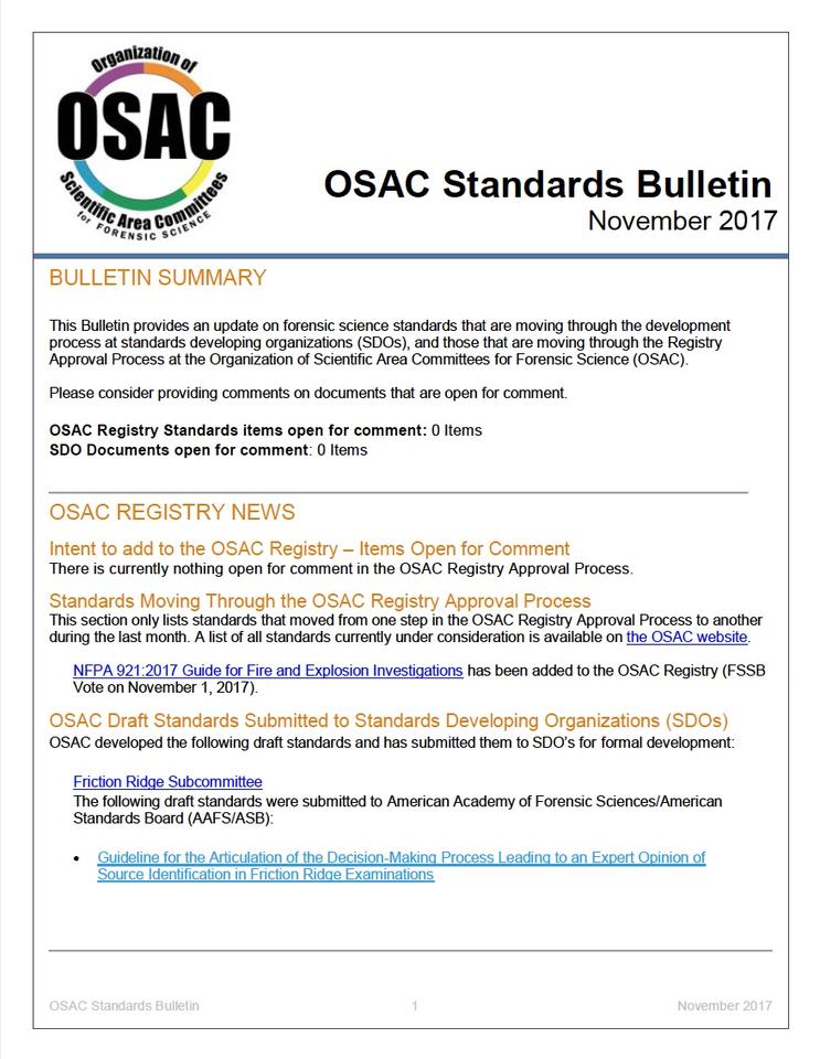 November 2017 OSAC Standards Bulletin