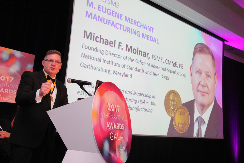 Michael F. Molnar accepting the 2017 Merchant Manufacturing Medal