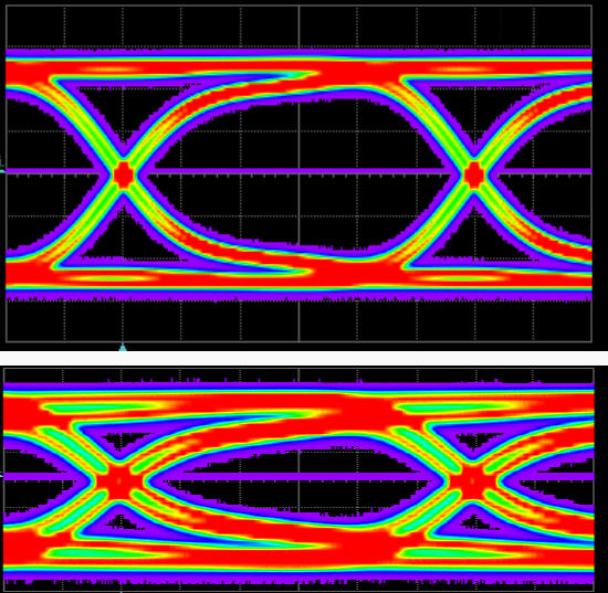 Two rectangular boxes with oblong shapes in the center of each in red, green and fuscia