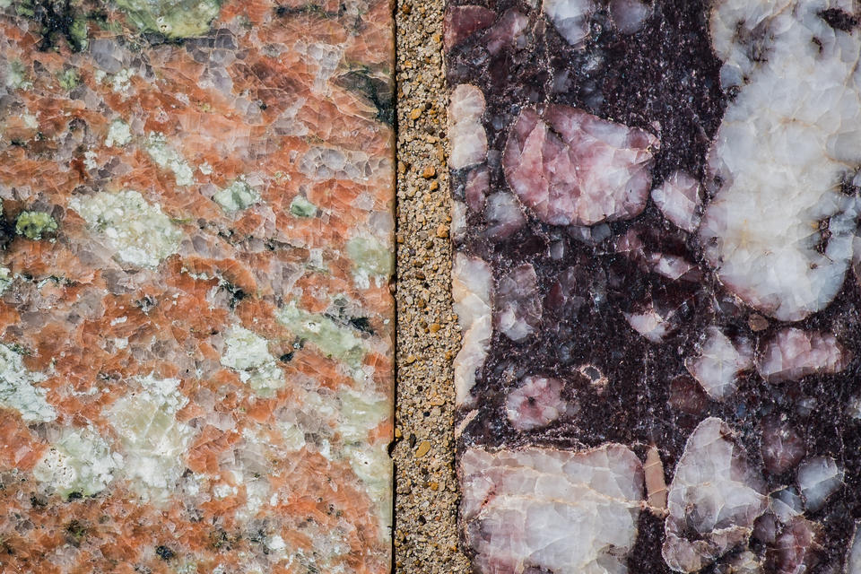 NIST Stone Test Wall New Jersey orange and green granite and purple conglomerate