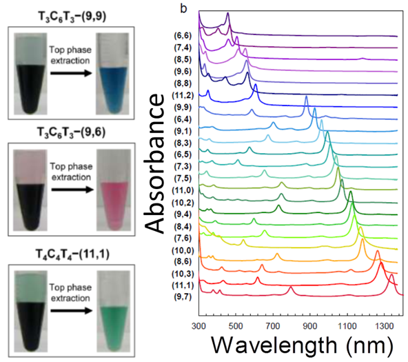 Left: pictures of three vials containing two phase isolating specific SWCNT species with recognition DNA sequences.  Right: absorbance spectra of 23 separated (n,m) species.