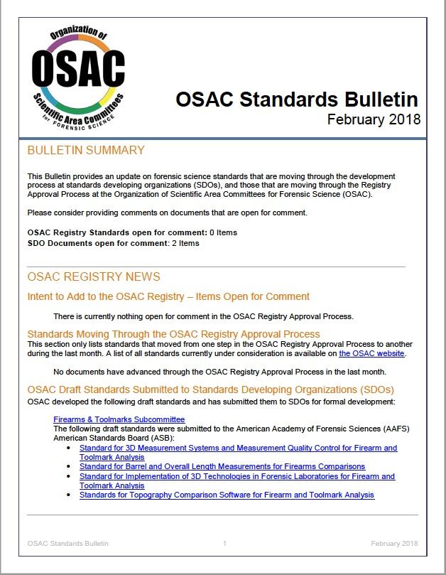 OSAC Standards Bulletin, February 2018