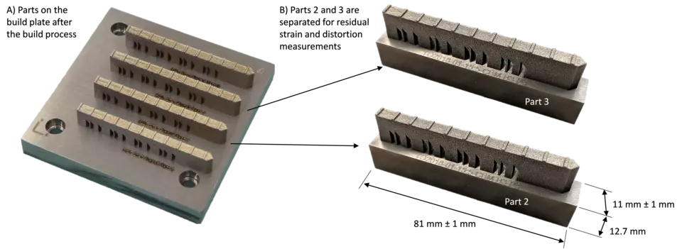 Parts 2 and 3 are separated from the build plate to facilitate residual strain and distortion measurements.