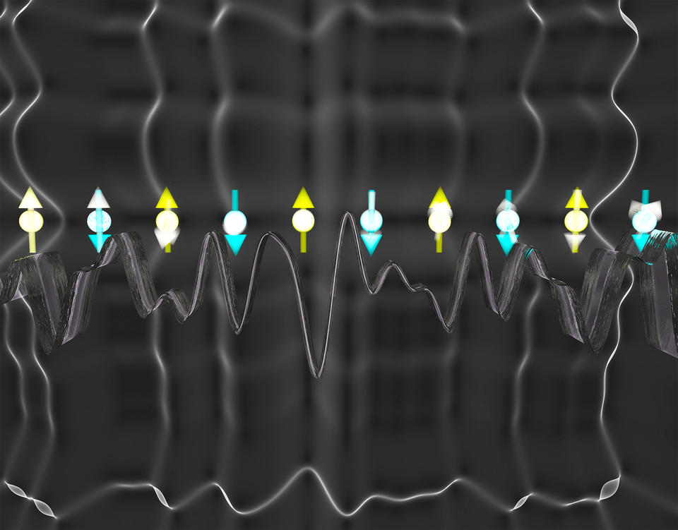 Illustration showing small circles with arrows bisecting them, pointing either up or down. There are cloudy, wavy horizontal lines in the background.