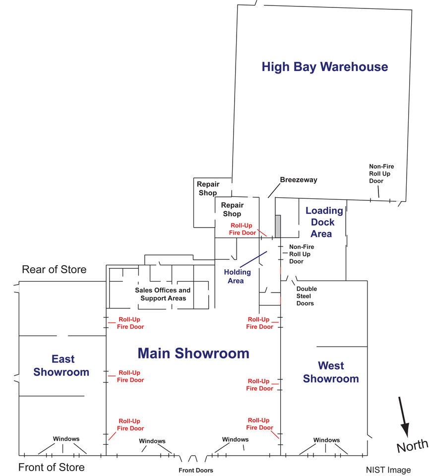 The High Bay Warehouse is in the upper right corner. Main Showroom bottom middle with the East Showroom to the left and the West Showroom to the right.