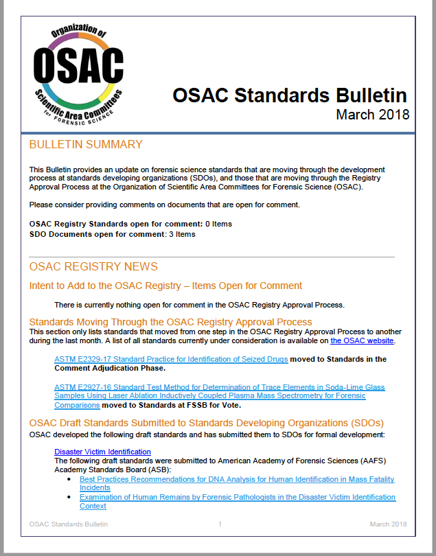 OSAC Standards Bulletin, March 2018