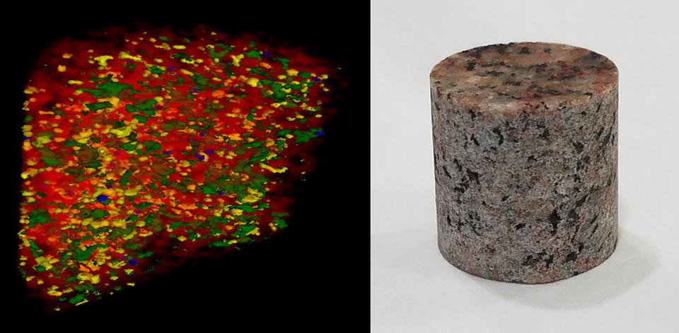 a cylinder of granite and the four-colored scan of its interior.