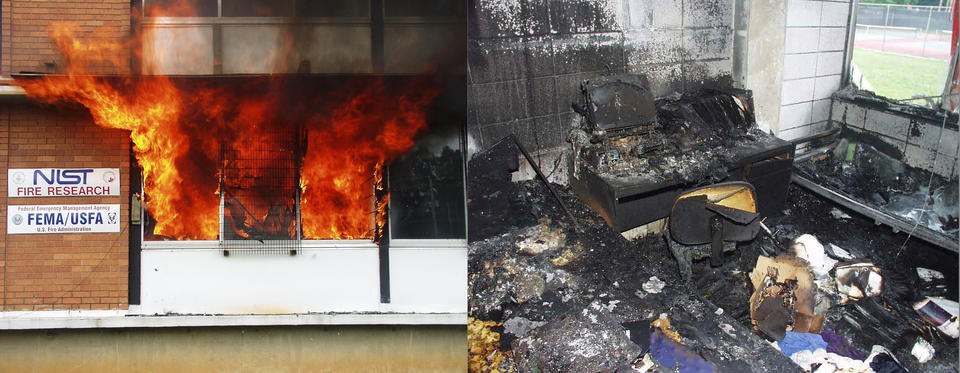 Color photograph of before and after dorm room fire. First picture is a brick building with flames coming through windows. Second picture is inside room covered in black residue.  