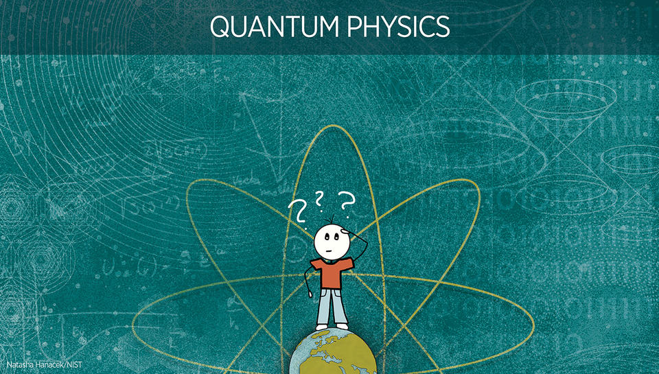 Illustration of a human figure standing on top of the earth with electron paths circling it, and with question marks over their head. The title "Quantum Information" is at the top.