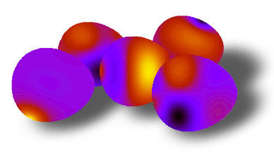 Image of 5 egg-looking structures in purple, red, orange and yellow