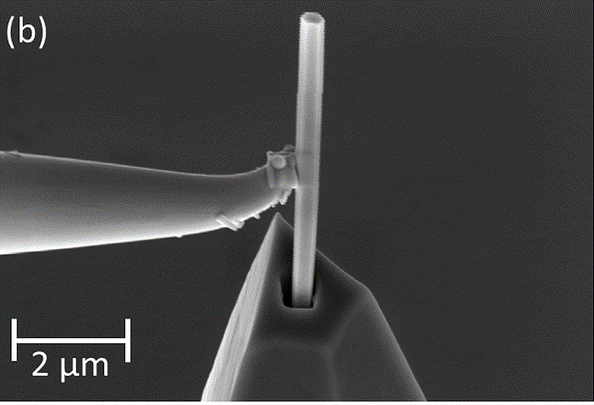 Gallium nitride nanowire being mounted onto an atomic force microscopy tip with a micromanipulator in a NIST focused ion beam tool. 