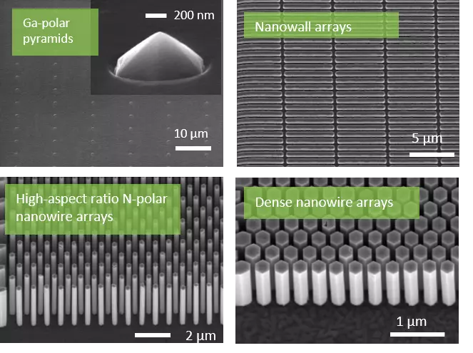 Four examples of GaN nanostructures grown with selective epitaxy by molecular beam epitaxy, illustrating different morphology for Ga-polar vs. N-polar crystals.